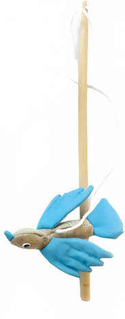 kattenspeelhengel met vogel 35 cm hout blauw