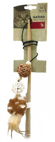 kattenspeelhengel Natura 35 cm hout/veren bruin/beige