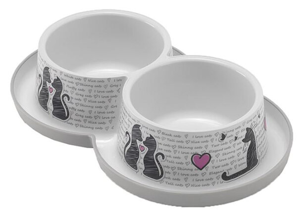 voer- en drinkbak Cats In Love dubbel 27 x 6 cm wit
