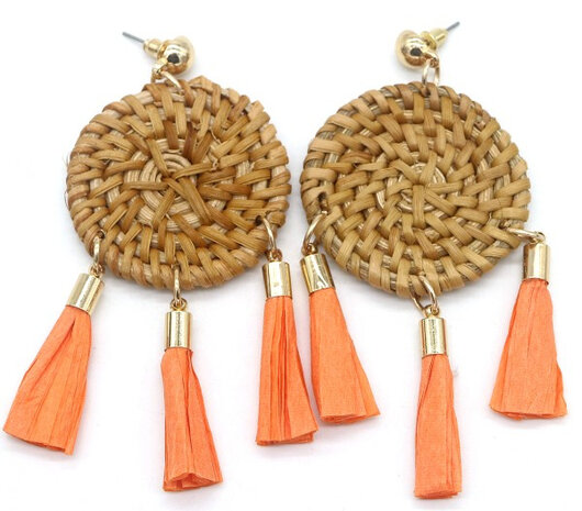 oorbellen Rattan dames 8 x 4 cm stro bruin/oranje