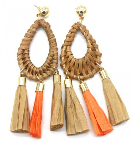 oorbellen Rattan dames 10 x 3 cm stro bruin/oranje