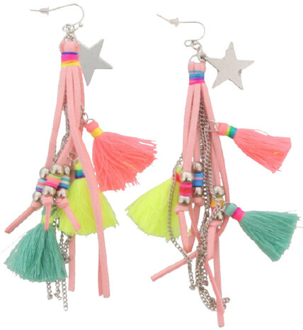 oorbellen Ibiza meisjes 10 cm staal geel/blauw