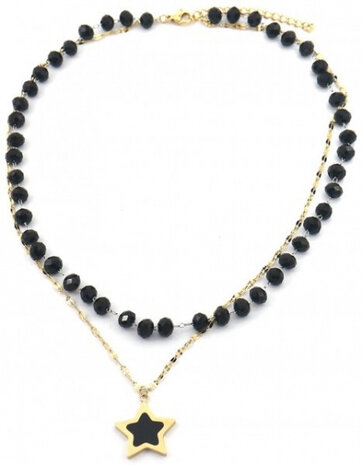 ketting Glassbeads dames RVS goud/zwart verstelbaar