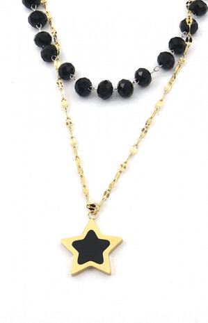 ketting Glassbeads dames RVS goud/zwart verstelbaar