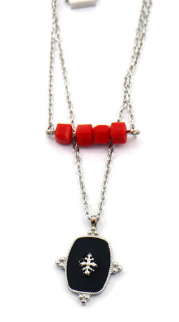 ketting Charm dames RVS zilver/rood/zwart verstelbaar