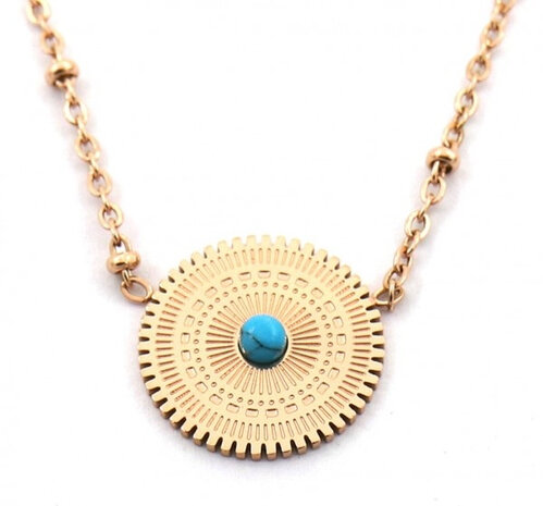 ketting Marble Charm dames RVS ros&eacute;goud/turquoise
