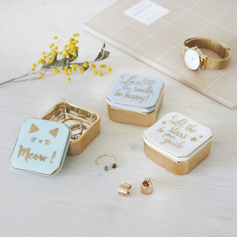 sieradendoos Meow! 4,9 x 4,9 cm porselein groen/goud