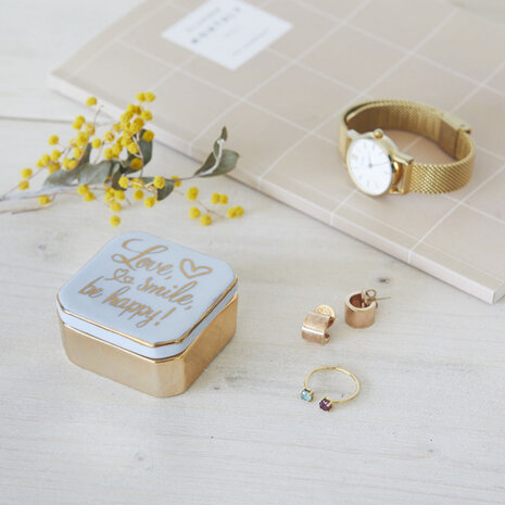 sieradendoos Meow! 4,9 x 4,9 cm porselein goud/blauw