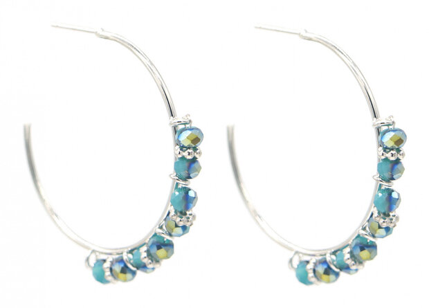 oorbellen Hoop dames 3,5 cm staal/glas zilver/blauw