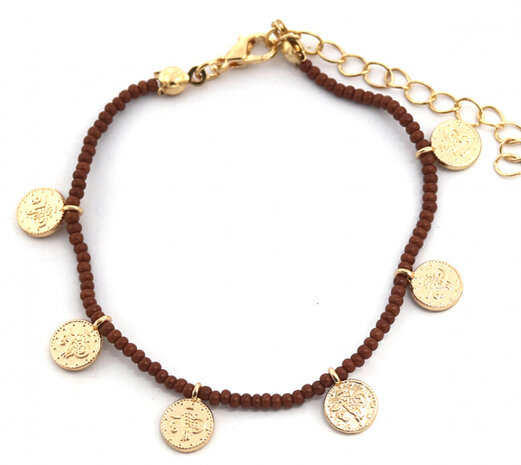 kralenarmband Ivy dames verstelbaar glas bruin/goud