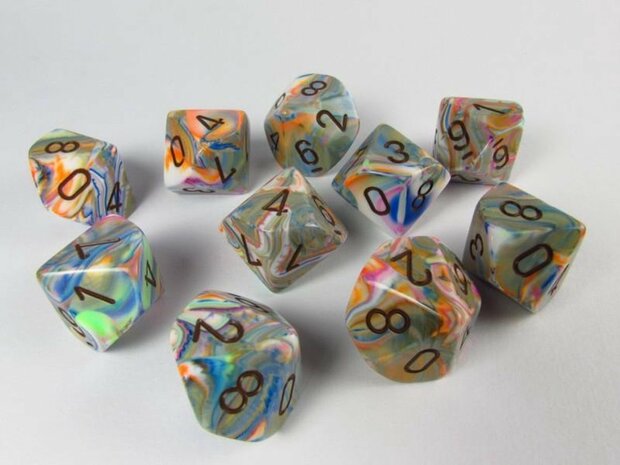 Chessex dobbelstenen set, 10 10-zijdig, Festive Vibrant w/brown