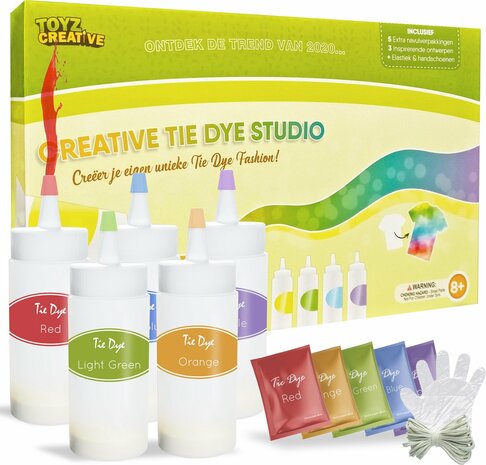 Tie Dye Kit Met 10 Kleuren - Extra Groot 120 ml - Textielverf Set &ndash; Compleet Met Elastiek &amp; Handschoenen - Inclusief 5 Navul Verfzakjes &ndash; Geschikt Voor Alle Kleding