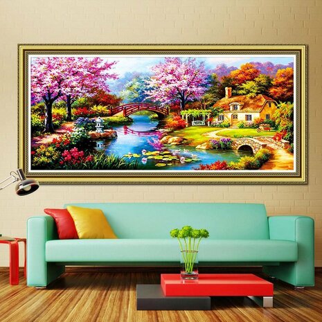 Diamond Painting 120x60cm - Droomhuis - Volledige dekking - Ronde steentjes met speciaal vorm en AB steentjes - Landschap