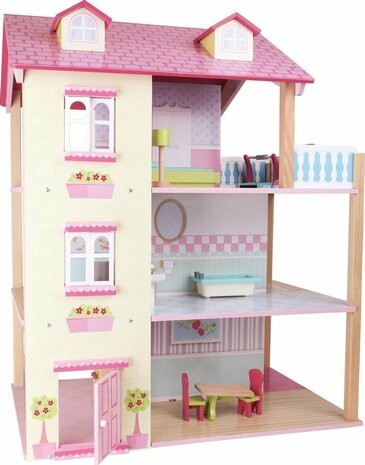 Poppenhuis met roze dak en 3 verdiepingen + 21 meubels