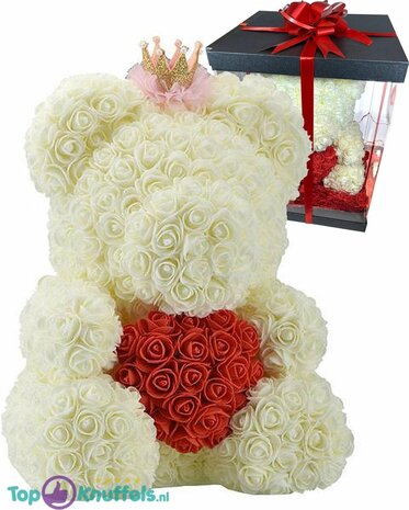 Rozen beer met Kroon Wit met Rood Hart 40 cm + Luxe Giftbox met mooie Strik | Rozenbeer liefdes Teddybeer XXL voor jou geliefde met gift box! | Rose Bear Knuffelbeer |  Groot I Love You knuffel beertje met hartje | Cadeau Rozen teddy