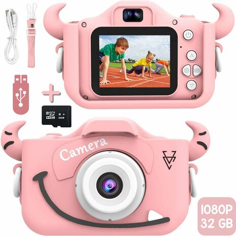 V&amp;C Products&reg; Camera - Digitale kindercamera 1080p HD - Inclusief 32 GB micro sd kaart - camera kinderen - digitale camera - camera kids - Roos