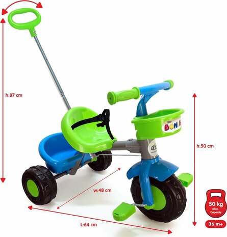 Akar Toys - Bonibike - 3 Wieler Met Duwstang / 3 Wieler / Driewieler Met Duwstang / Driewieler / Loopfiets - Groen
