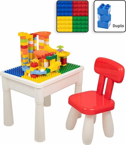 Decopatent&reg; - Kindertafel met 1 Stoeltje - Speeltafel met bouwplaat en vlakke kant - Tekentafel - Geschikt voor Duplo&reg; Bouwstenen