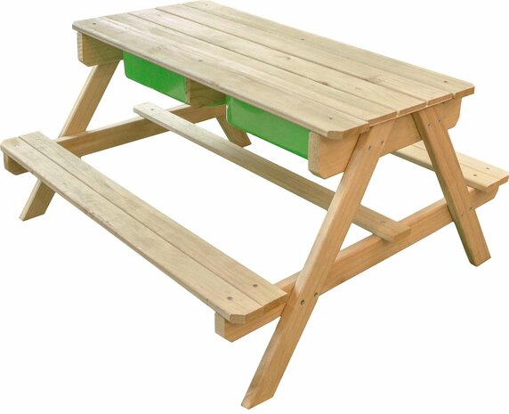 Sunny Dual Top Zand-, Water- En Picknicktafel / Blank / FSC 100% hout / 90 x 89 x 50 cm / Zwart krijtbord en 2 uitneembare kunststof bakken