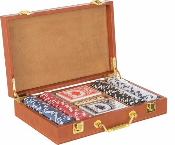 Luxe pokerkoffer | 30,5 x 19,5 x 7 cm | Pokerkoffer gemaakt van zwart leer | 200 chips | Cognac