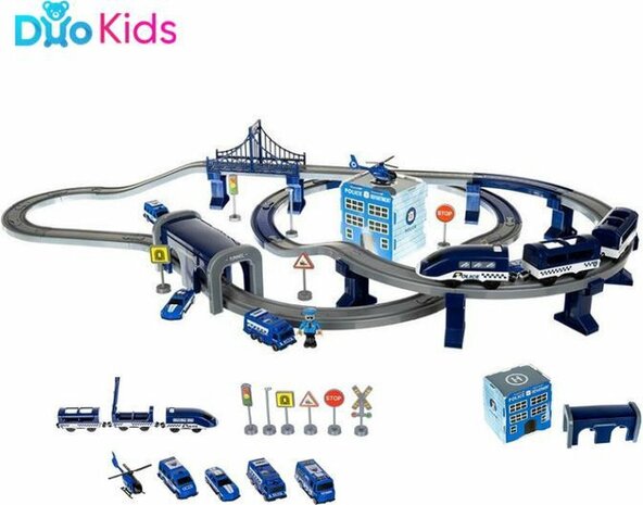 Duo Kids - Grote Politie Stad 92 delig - Met Elektrische 102CM Treinbaan, Race Auto&#039;s en Tracks - Jongens Speelgoed Voertuigen