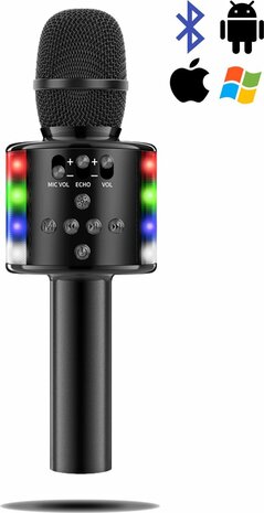 Buxy Karaoke Microfoon &ndash; Draadloos, Bluetooth Ontwerp &ndash; Voor Kinderen &amp; Volwassenen &ndash; Met Ingebouwde Speaker &ndash; Stemvervormer &amp; Echo Functie &ndash; Kleurrijke LED Lichtjes - Zwart