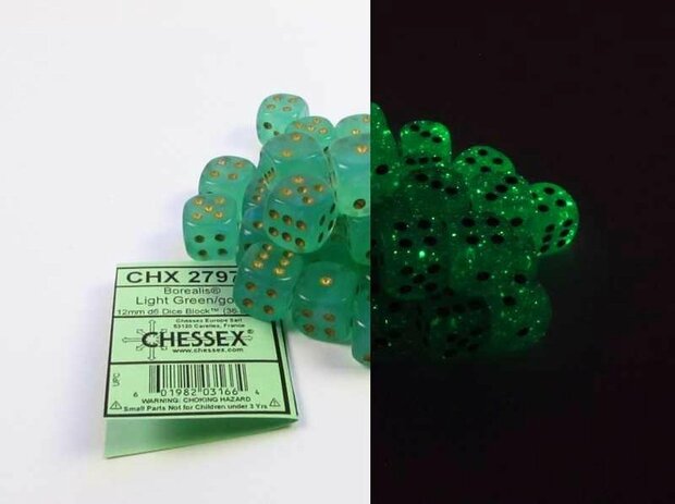 Set 36 6-zijdig, 12mm Borealis Luminary - Light Green w/gold