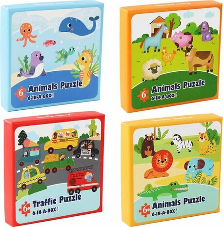 24-in-1 Mijn Eerste Puzzels - 24 verschillende sets extra grote 6 stuks puzzel van hoge kwaliteit - Stadsverkeer &amp; Bosdieren &amp; Zeedieren &amp; Boerderijdieren - kinderpuzzel - educatief speelgoed voor kinderen