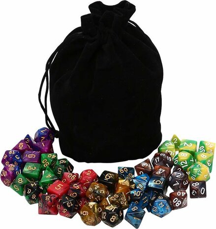 Polydice set voordeel - 50 delig | 7 sets van 7 dobbelstenen (49 stuks) van zeer hoge kwaliteit | Inclusief gratis velours dice bag / bewaarzakje |dungeons and dragons dnd dice | D&amp;D Pathfinder RPG| Polyhedral dice voordeelset / megapack / mega set