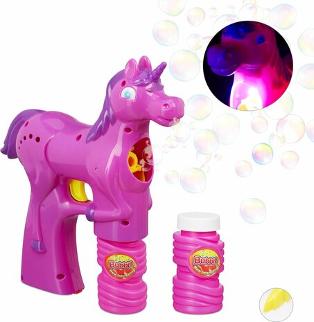 relaxdays Bellenblaas pistool eenhoorn - LED - bellenblaasmachine - batterijen - unicorn roze