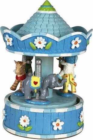 Blauw muziekdoosje - Carrousel met Dieren - 15,5 cm