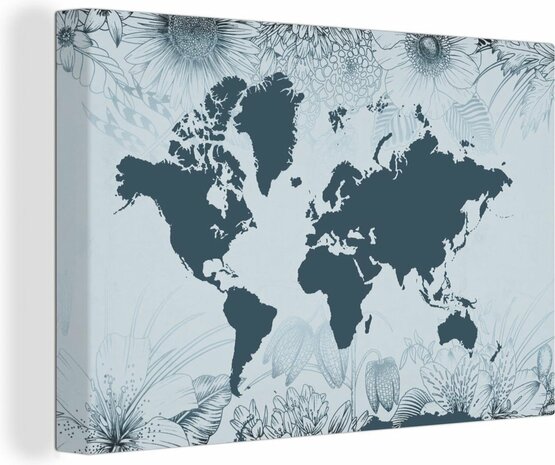 Canvas Schilderijen - Wereldkaart - Retro - Bloemen - 120x80 cm - Wanddecoratie