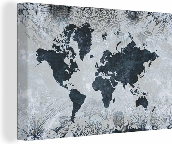 Canvas Schilderijen - Wereldkaart - Bloemen - Vintage - 90x60 cm - Wanddecoratie