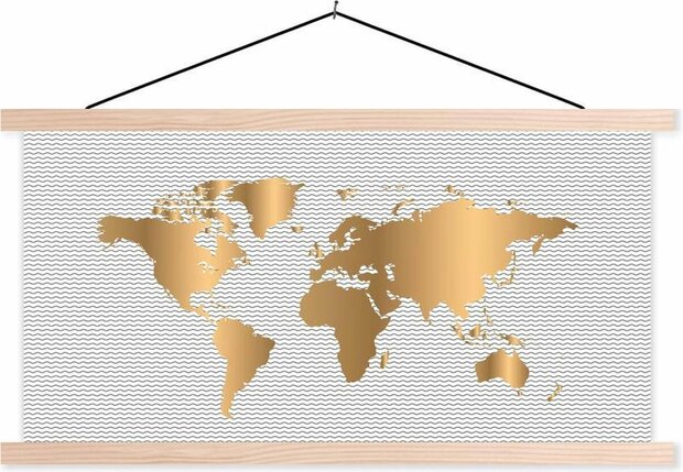 Schoolplaat - Wereldkaart - Goud - Golf - 150x75 cm - Blanke latten