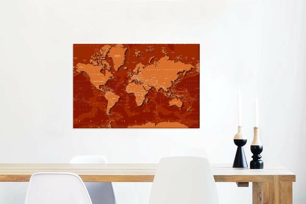 Canvas Schilderijen - Wereldkaart - Trendy - Roest - 90x60 cm - Wanddecoratie