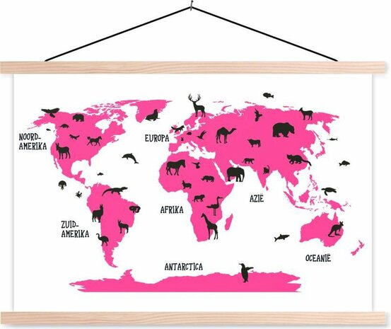 Wereldkaart Kinderen - Roze - Dieren - 150x100 cm - Schoolplaat