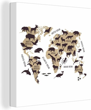 Canvas Schilderijen - Wereldkaart Kinderen - Bruin - Wit - 90x90 cm - Wanddecoratie