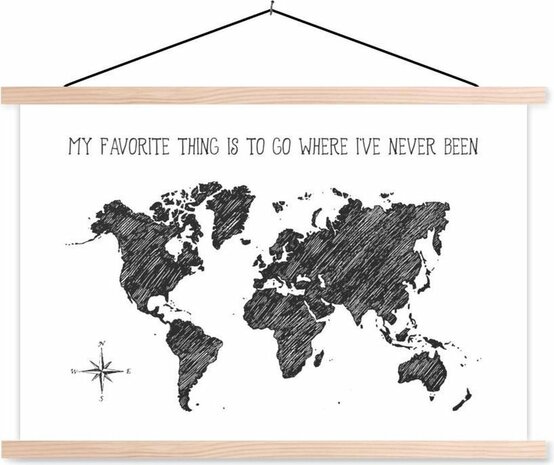 Schoolplaat - Wereldkaart - Zwart - Wit - Quote - 150x100 cm - Blanke latten