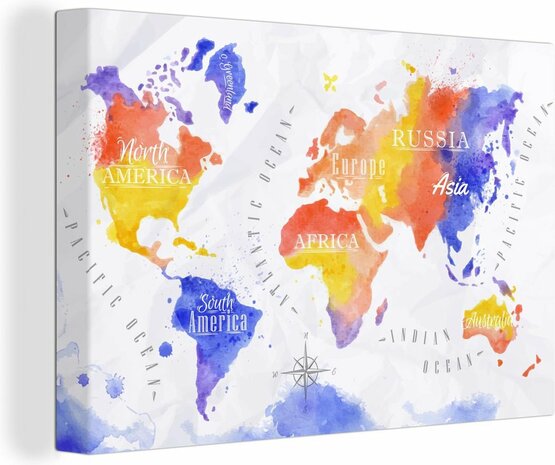Canvas Schilderijen - Wereldkaart - Waterverf - Rood - Blauw - 140x90 cm - Wanddecoratie