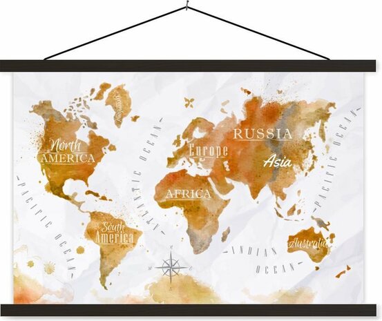 Schoolplaat - Wereldkaart - Bruin - Verf - 150x100 cm - Zwarte latten