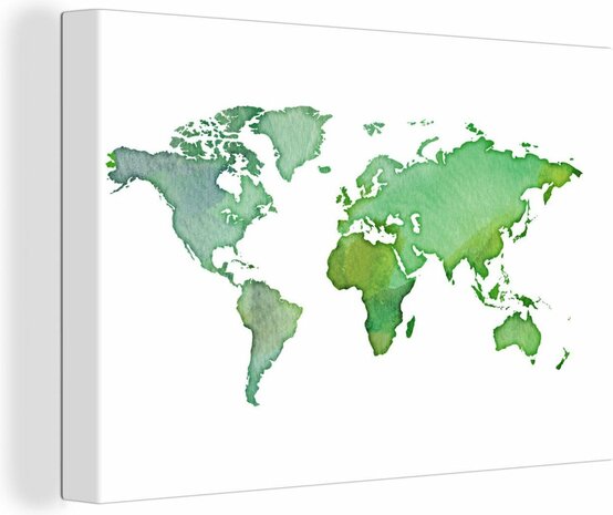 Canvas Schilderijen - Wereldkaart - Waterverf - Groen - 150x100 cm - Wanddecoratie