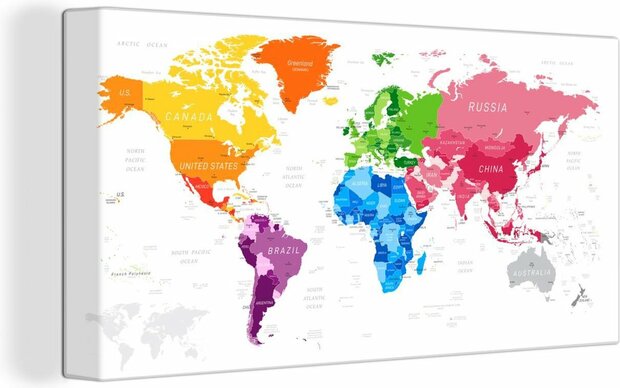 Canvas Schilderijen - Wereldkaart Kinderen - Kleuren - Tekst - 160x80 cm - Wanddecoratie