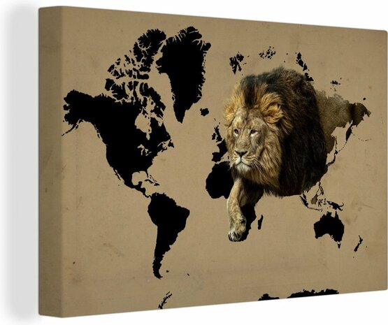 Canvas Schilderijen - Wereldkaart - Zwart - Leeuw - 30x20 cm - Wanddecoratie