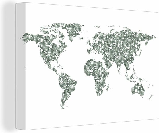 Canvas Schilderijen - Wereldkaart - Tropische Planten - Wit - 60x40 cm - Wanddecoratie