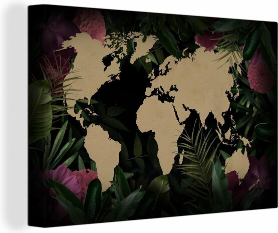 Canvas Schilderijen - Wereldkaart - Bloemen - Bladeren - 60x40 cm - Wanddecoratie