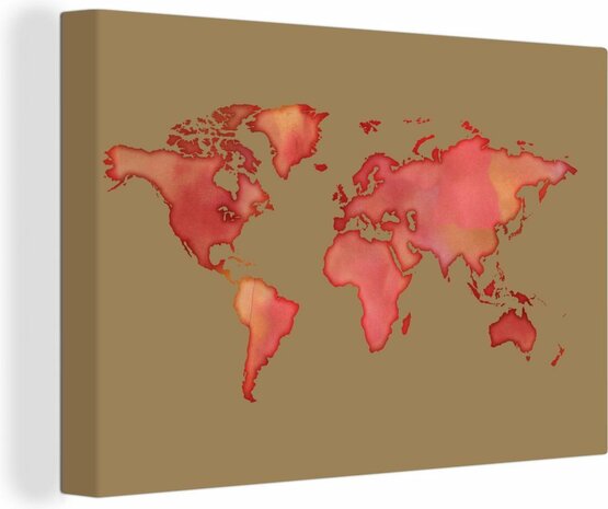 Canvas Schilderijen - Wereldkaart - Rood - Waterverf - 60x40 cm - Wanddecoratie