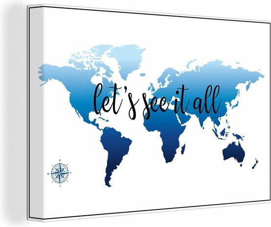 Canvas Schilderijen - Wereldkaart - Blauw - Kompas - 30x20 cm - Wanddecoratie