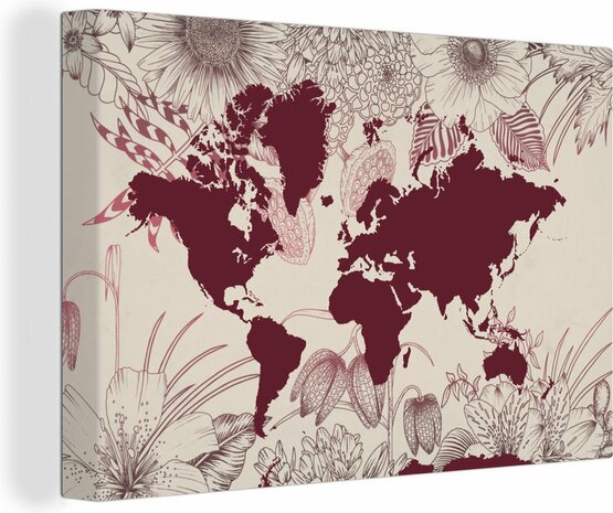 Canvas Schilderijen - Wereldkaart - Rood - Bloemen - 180x120 cm - Wanddecoratie XXL