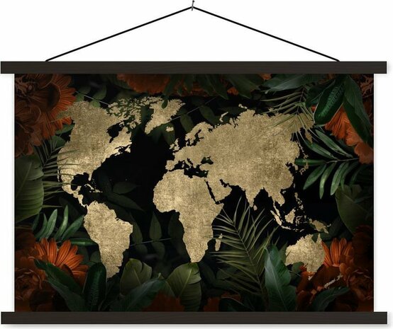 Schoolplaat - Wereldkaart - Vintage - Bladeren - 60x40 cm - Zwarte latten
