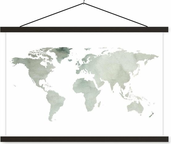 Schoolplaat - Wereldkaart - Grijs - Waterverf - 60x40 cm - Zwarte latten